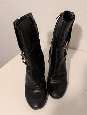 Coach Black Leather Mid-Calf Boots with Brass Buckle